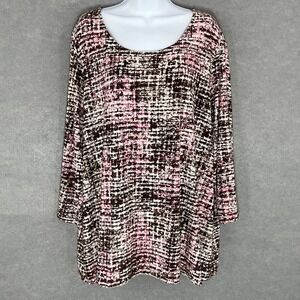 Croft & Barrow Tunic Top‎ Pink Brown Plaid Long Sleeve Knit Sz 2X Career Office